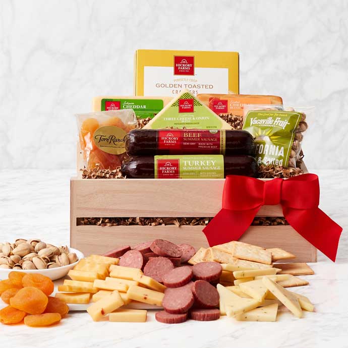 Hearty Salami, Cheese, Nuts, and Dried Fruit in Wooden Gift Crate