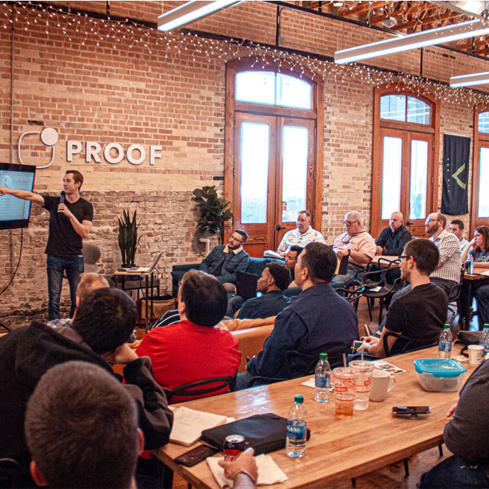 Employees having an all hands meeting