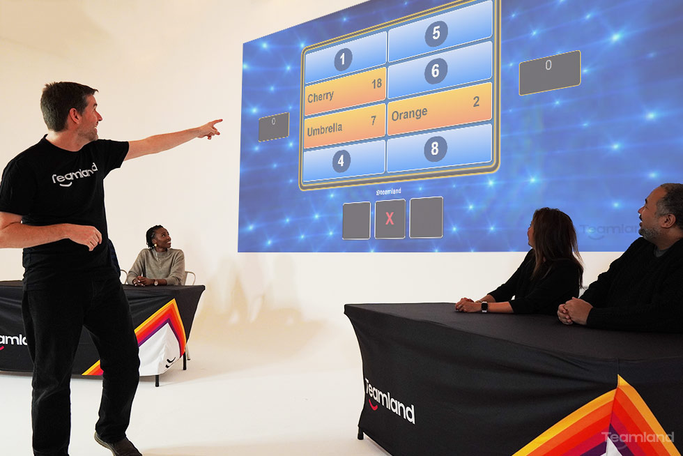 A group of people during a Teamland gameshow team building event