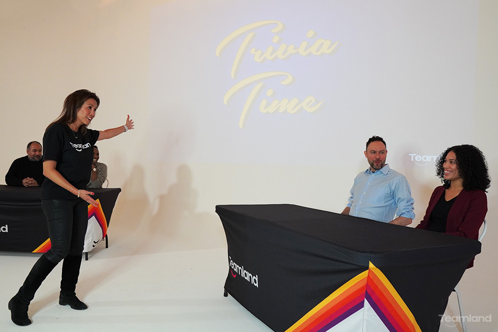 A group of people during a Teamland Trivia team building event